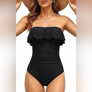 NWT Holipick Black Strapless 1Pc Tummy Control Bandeau Ruffle Swimsuit Women’s M